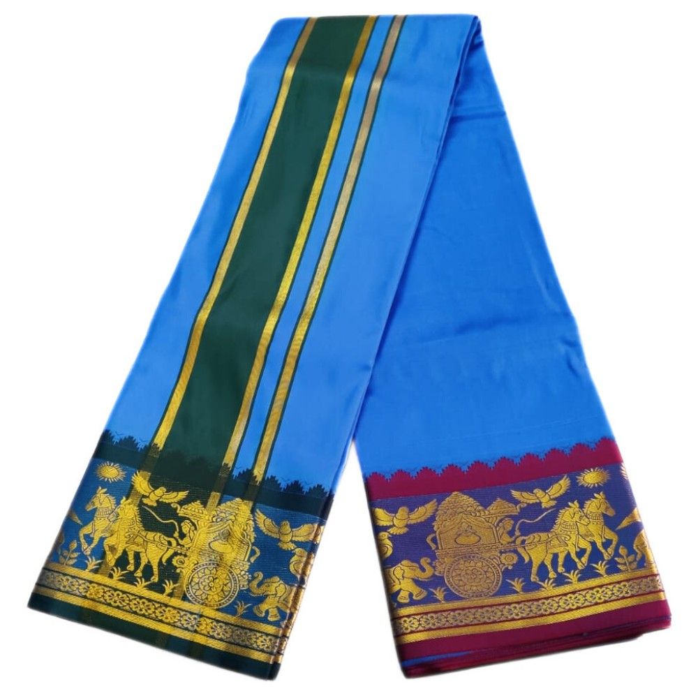 Blue Color Premium Karishma Soft Silk 6 Inch Border Dhoti - Image 2