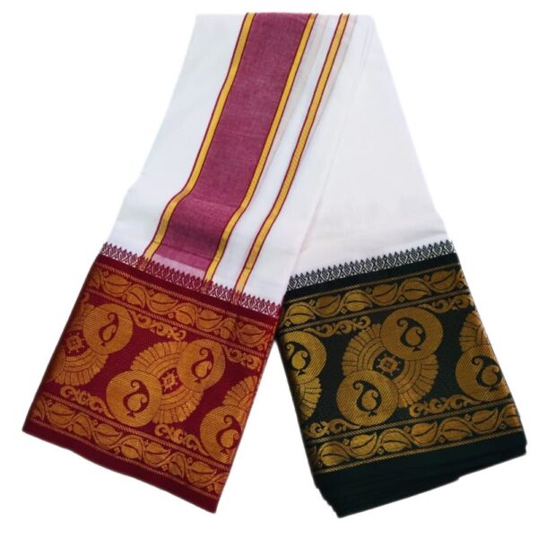Flower Mango Designed Pure Cotton White Dhoti - Image 2