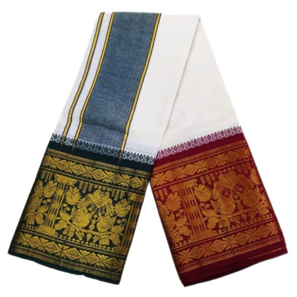 Parrot Designed Pure Cotton White Dhoti - Image 2