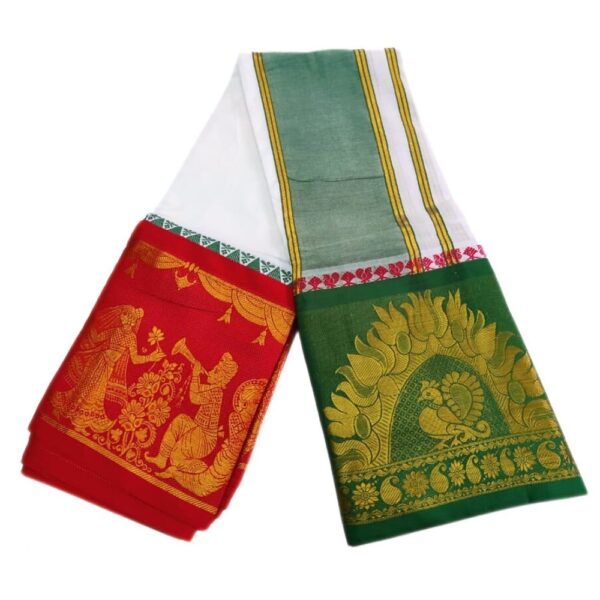 Peacock Designed Pure Cotton White Dhoti - Image 2
