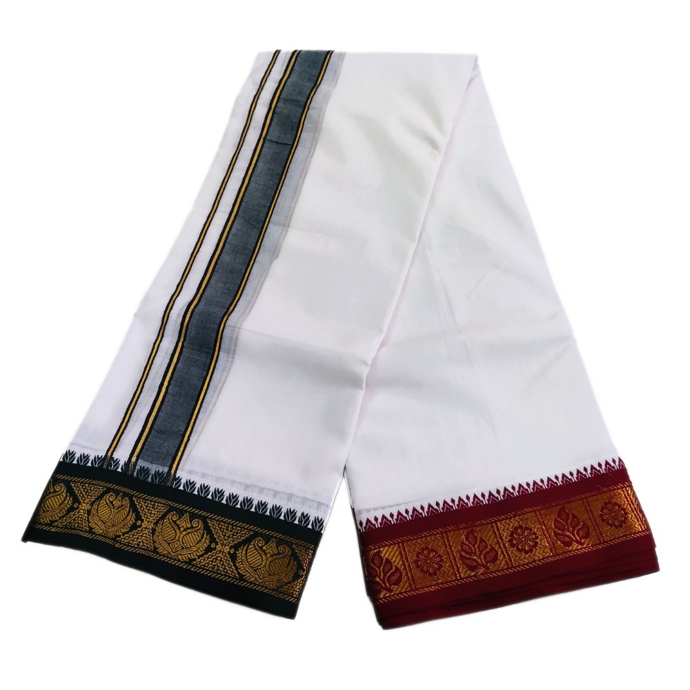 Small Jacquard White Cotton Dhoti - Image 2