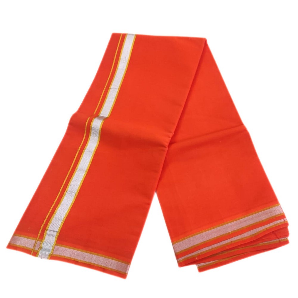 Orange Color Silver Gold Zarigai Cotton Dhoti - Image 2