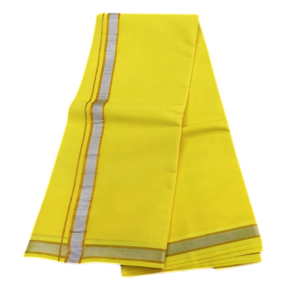 Yellow Color Silver Gold Zarigai Cotton Dhoti - Image 2
