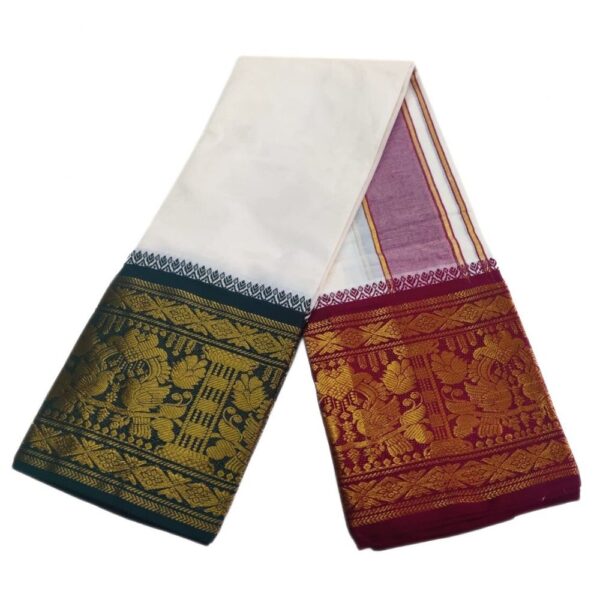 Parrot Designed 10 Inch Border Half White Dhoti - Image 2