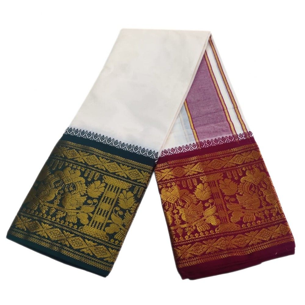 Parrot Designed 10 Inch Border Half White Dhoti - Image 2