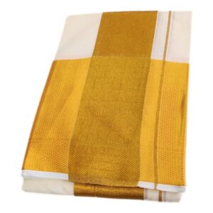 Cotton Half White 7 Inch Golden Zari Border Dhoti Towel Set