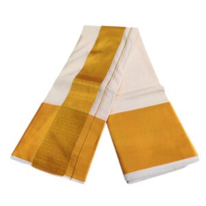 Cotton Half White 7 Inch Golden Zari Border Dhoti Towel Set