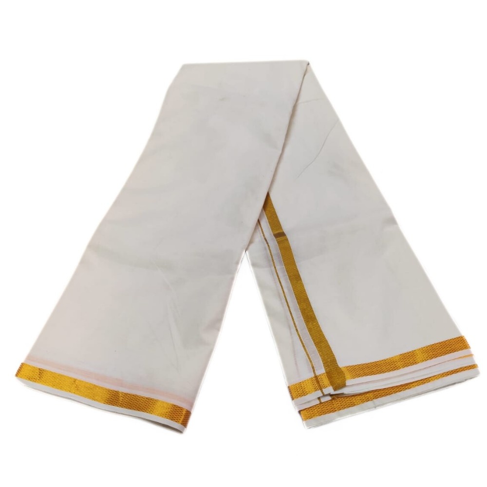 Cotton Half White 1 Inch Golden Zari Border Dhoti Towel Set - Image 2