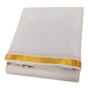 Cotton Half White 1 Inch Golden Zari Border Dhoti Towel Set
