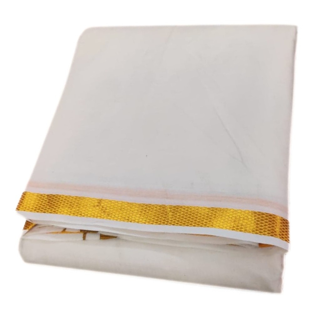 Cotton Half White 1 Inch Golden Zari Border Dhoti Towel Set