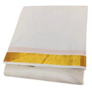 Cotton Half White 1.5 Inch Golden Zari Border Dhoti Towel Set