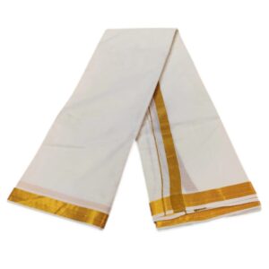 Cotton Half White 1.5 Inch Golden Zari Border Dhoti Towel Set