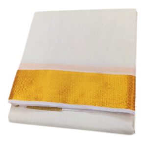 Cotton Half White 3 Inch Golden Zari Border Dhoti Towel Set
