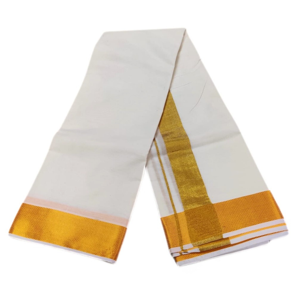 Cotton Half White 3 Inch Golden Zari Border Dhoti Towel Set - Image 2