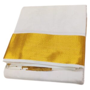 Cotton Half White 4 Inch Golden Zari Border Dhoti Towel Set