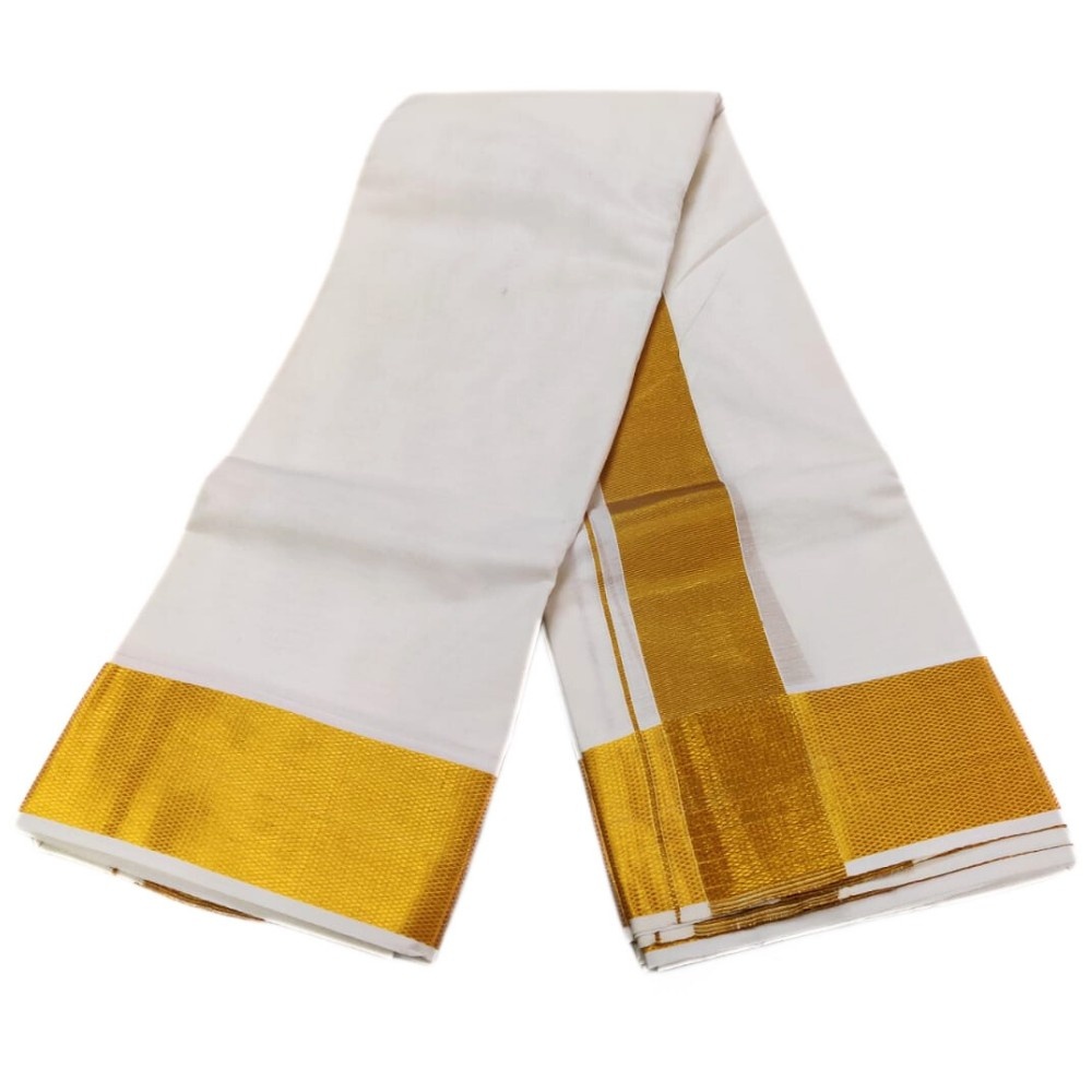 Cotton Half White 4 Inch Golden Zari Border Dhoti Towel Set - Image 2