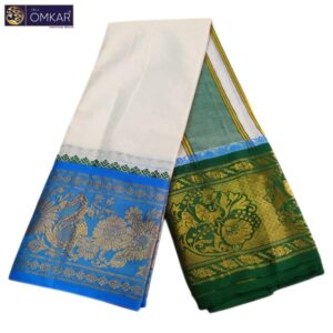 10 Inch Border Peacock Parrot Design Half White Dhoti