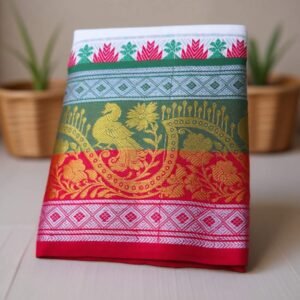 10 Inch Border Silver Peacock Design Half White Dhoti 9×5