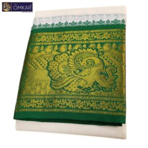 10 Inch Border Peacock Elephant Design Half White Dhoti 9×5