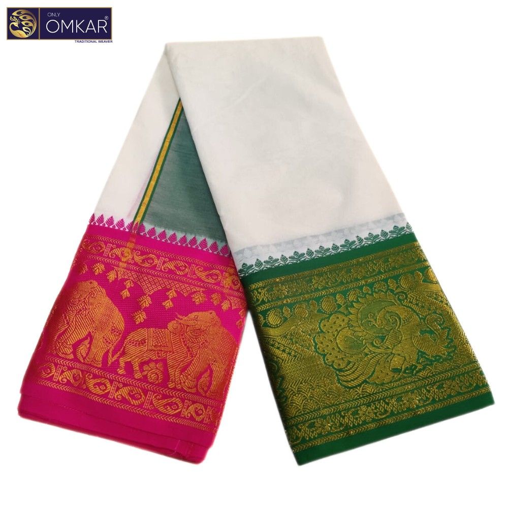 10 Inch Border Peacock Elephant Design Half White Dhoti 9x5 - Image 3