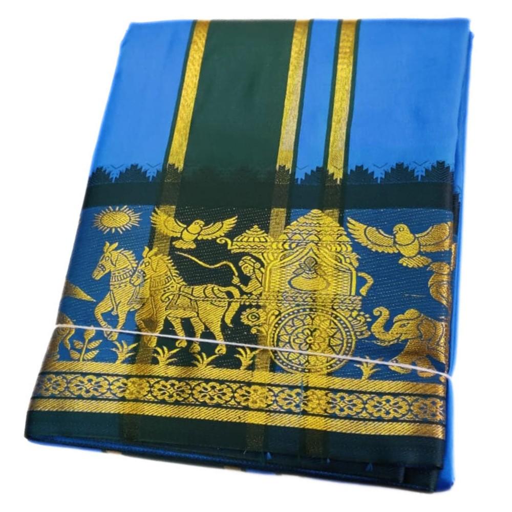 Blue Color Premium Karishma Soft Silk 6 Inch Border Dhoti