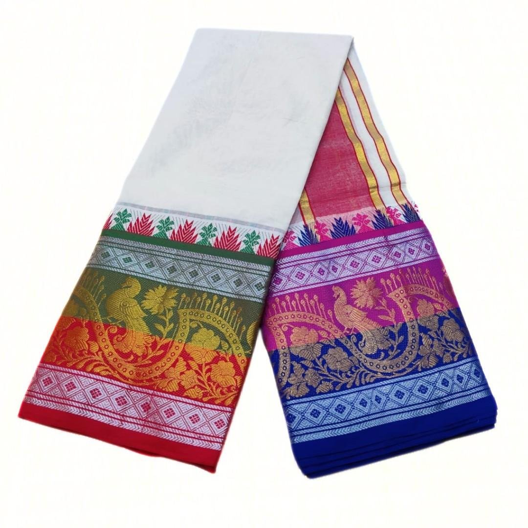 10 Inch Border Silver Peacock Design Half White Dhoti 9x5 - Image 2