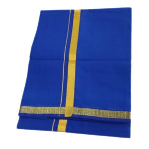Blue Color 2 Meter Rich Cotton Dhoti With Gold Zarigai Border