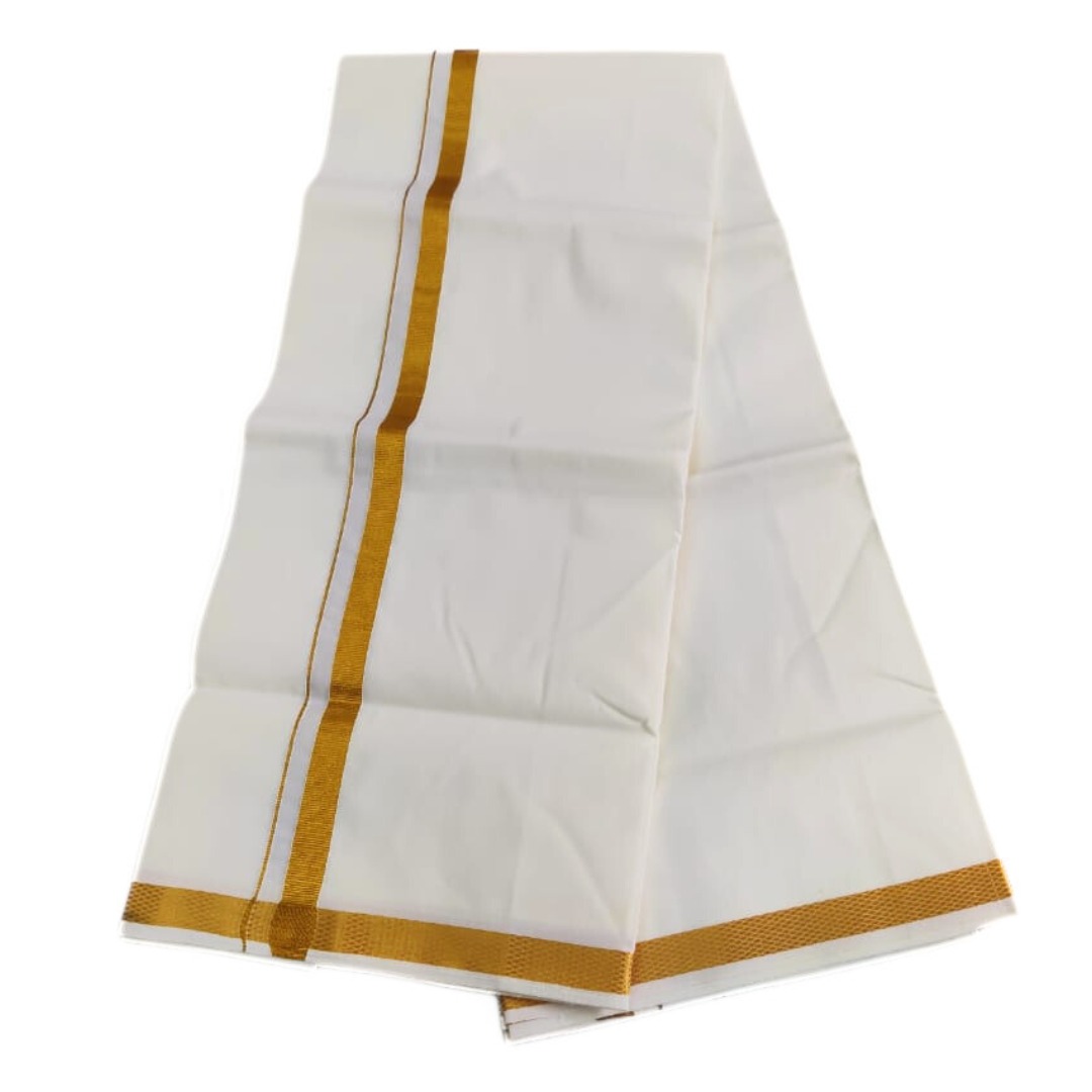 Cream Color 2 Meter Rich Cotton Dhoti With Gold Zarigai Border - Image 2