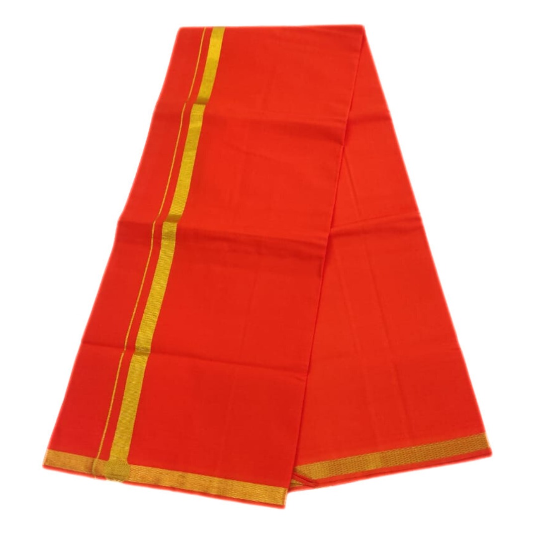 Orange Color 2 Meter Rich Cotton Dhoti With Gold Zarigai Border - Image 3