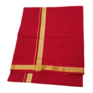 Red Color 2 Meter Rich Cotton Dhoti With Gold Zarigai Border