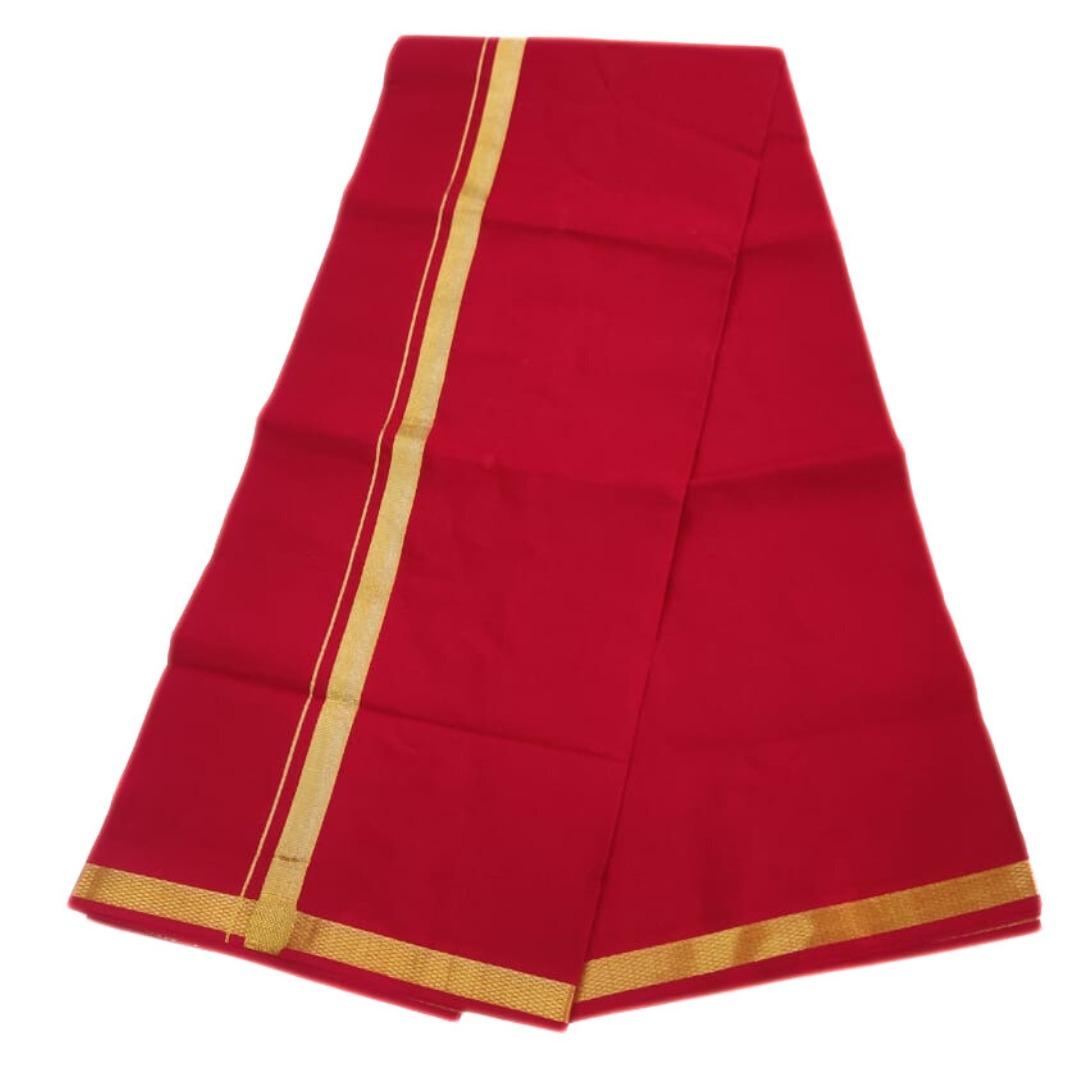 Red Color 2 Meter Rich Cotton Dhoti With Gold Zarigai Border - Image 3