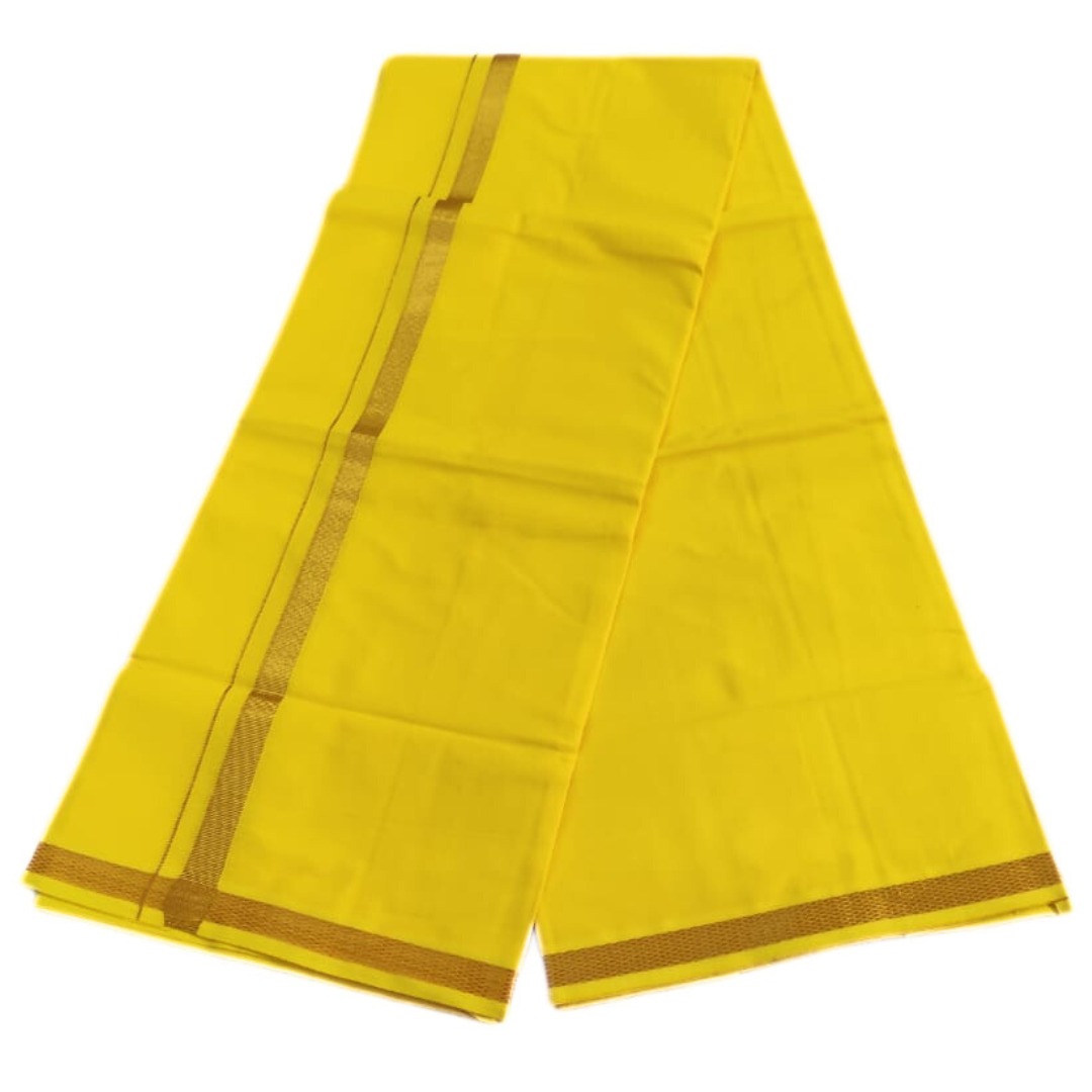 Yellow Color 2 Meter Rich Cotton Dhoti With Gold Zarigai Border - Image 2