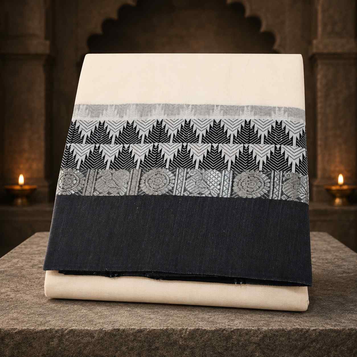 Double Tower Silver Black Border Dhoti