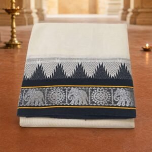 Elephant Designed Black Border Dhoti With Silver Zari
