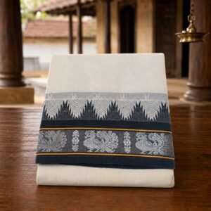 Peacock Designed Black Border Dhoti With Silver Zari