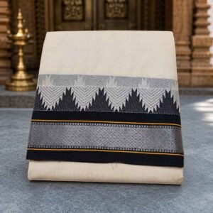 Mayilkan Designed Black Border Dhoti With Silver Zari