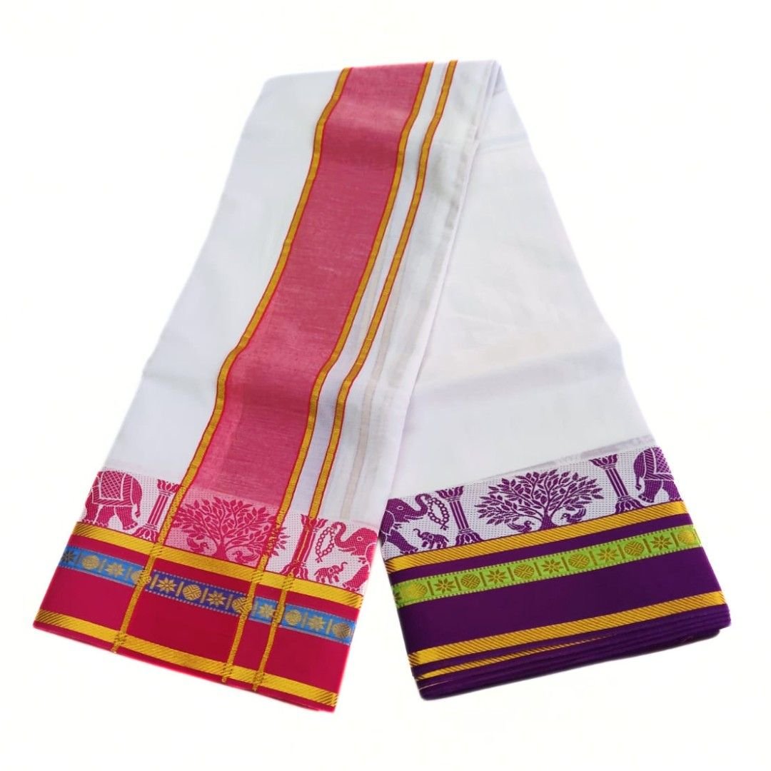 5 Inch Thalampoo Jacquard White Pure Cotton Dhoti - Image 2