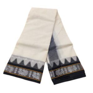 Peacock Designed Black Border Dhoti With Silver Zari