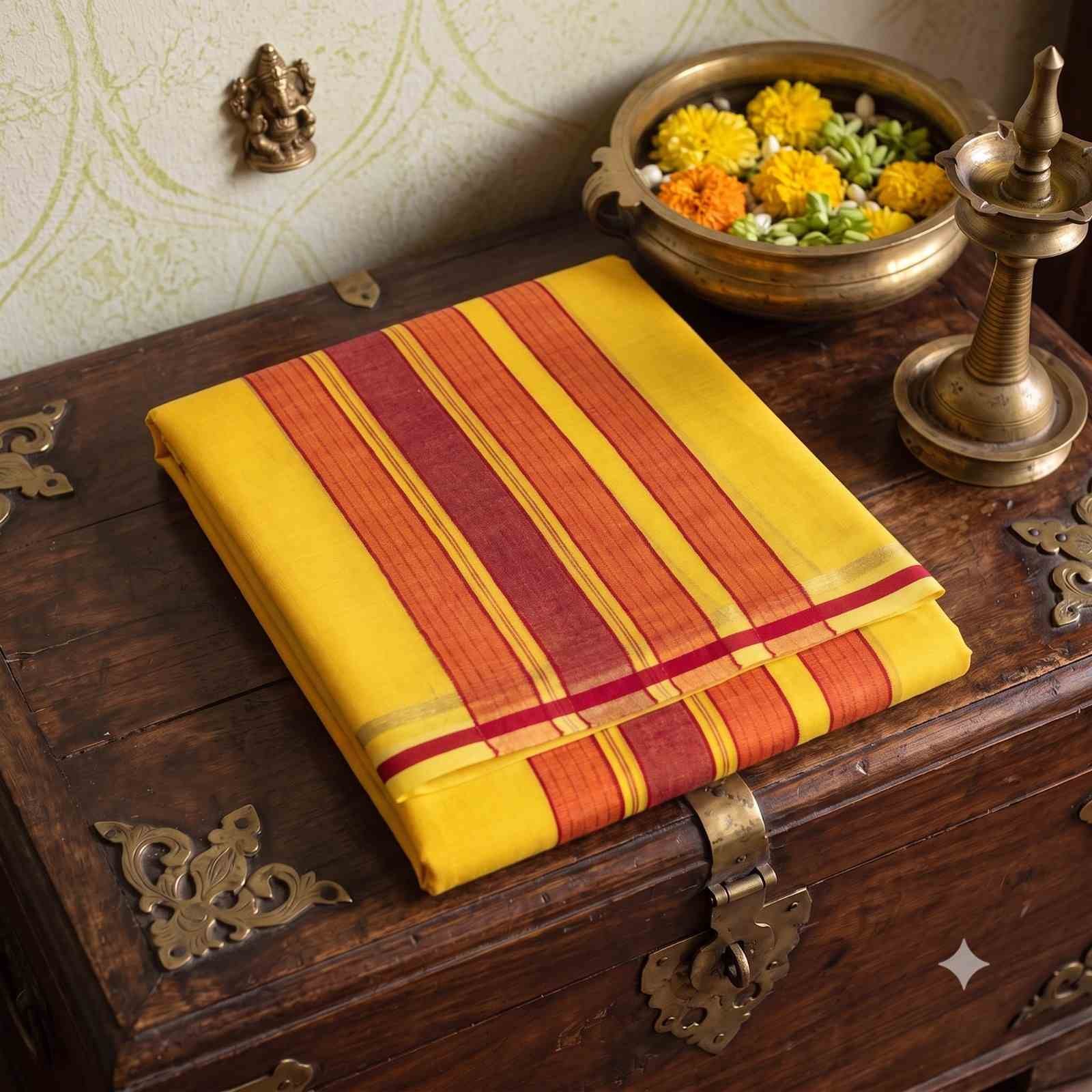 Line Border Yellow Color Dhoti | Only Omkar Dhotis