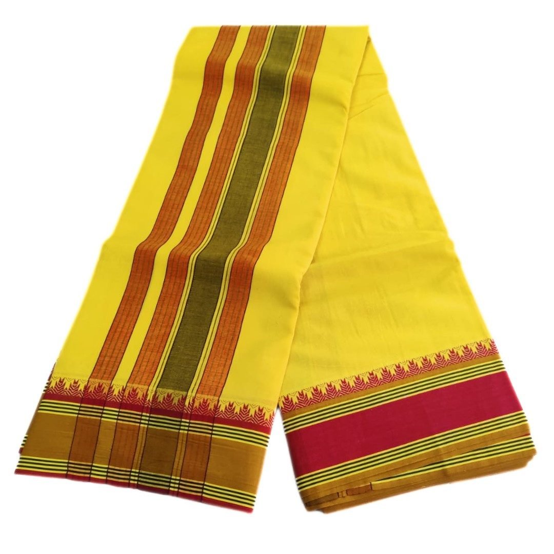 4 Inch Yellow Color Cotton Border Dhoti With Tower | Only Omkar Dhotis | 9x5 - Image 3