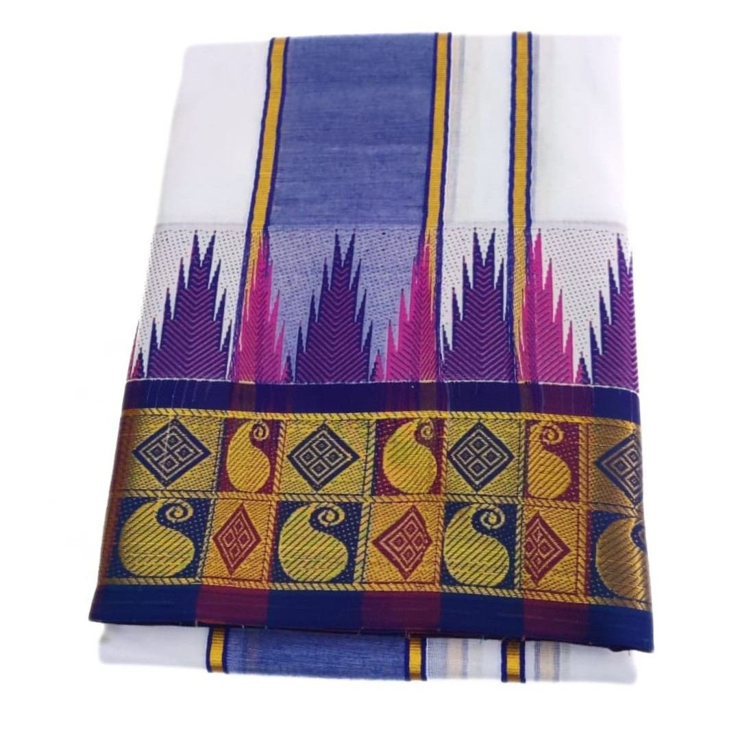 Meena Multicolor Temple Border Premium White Dhoti | Only Omkar Dhotis | 9×5