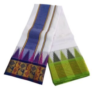 Meena Multicolor Temple Border Premium White Dhoti | Only Omkar Dhotis | 9×5