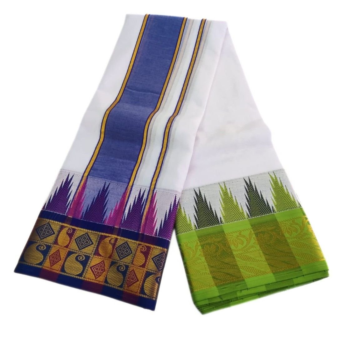 Meena Multicolor Temple Border Premium White Dhoti | Only Omkar Dhotis | 9×5 - Image 2